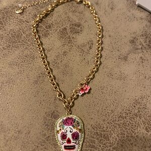 Betsey Johnson Gold Skull Necklace with Pink Accents